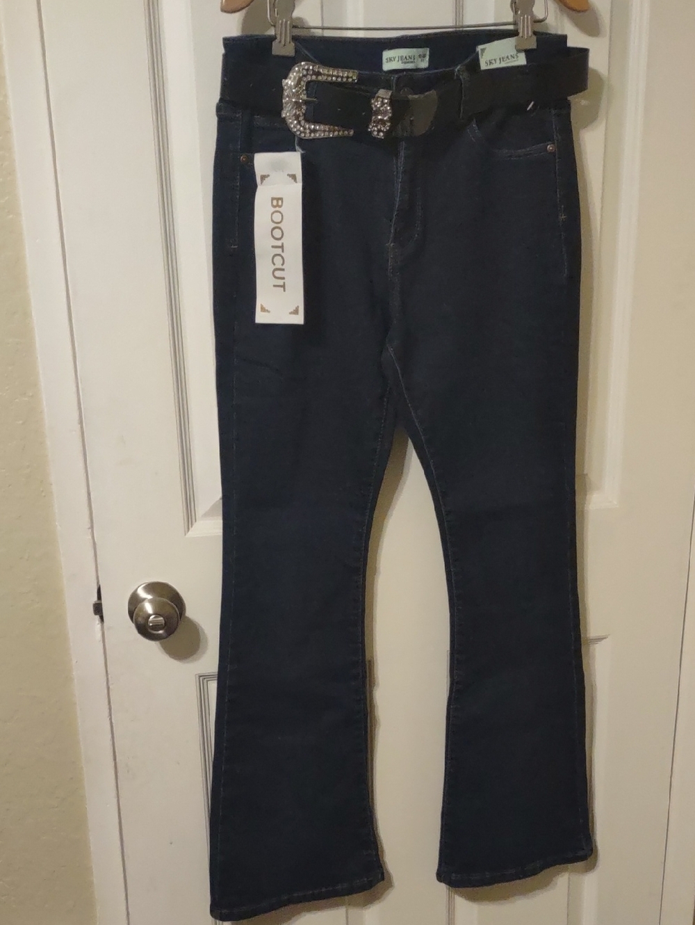 Sky Women's Dark Indigo Bootcut Jeans with Rhinestone Belt Size 11 New